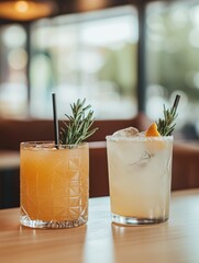 Two drinks on a table, one is a cocktail and the other is a margarita