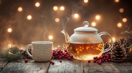 Fototapeta premium A steaming teapot sits beside a cozy cup, both placed on a rustic wooden table. Surrounding them are holiday decorations, including pinecones and red berries, with warm lights in the background.