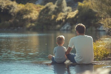 A peaceful scene of a father and son sitting by the edge of a calm river, enjoying the quiet nature around them. Trees and water reflections enhance the serenity.