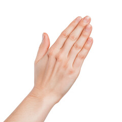 A close-up of a human hand in a gesture of greeting or prayer, set against a white isolated background.