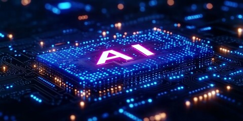 AI text on the chip, dark blue and white color scheme, high-tech background