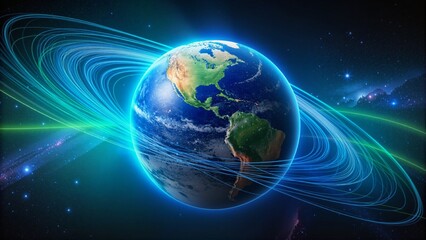 Fototapeta premium Earth surrounded by vibrant magnetic field lines in a dazzling cosmic background