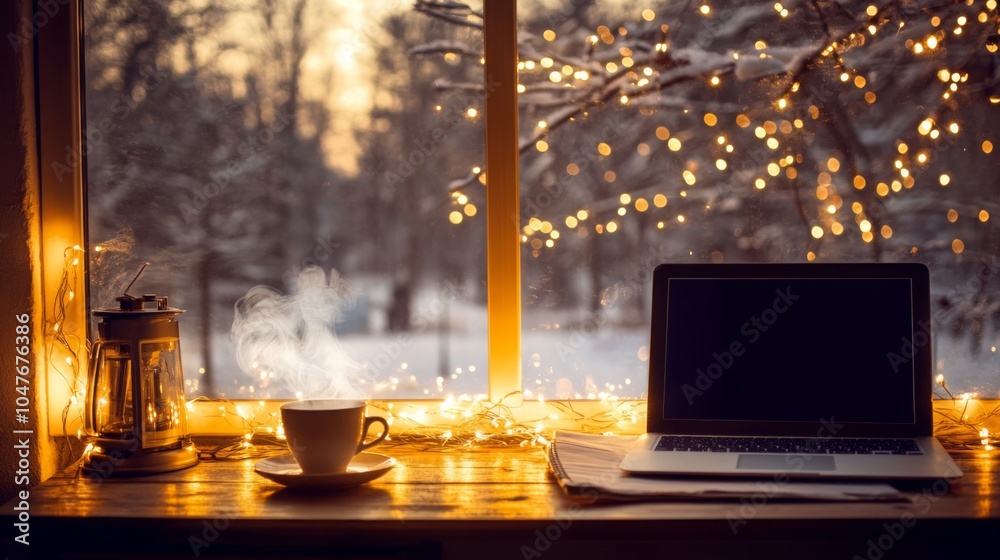 Poster a warm workspace is set near a window showcasing a winter landscape. a steaming cup rests beside a l