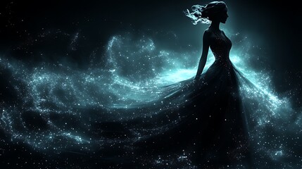 A woman in a flowing gown, silhouetted against a dark background, with sparkling blue light emanating from her dress.