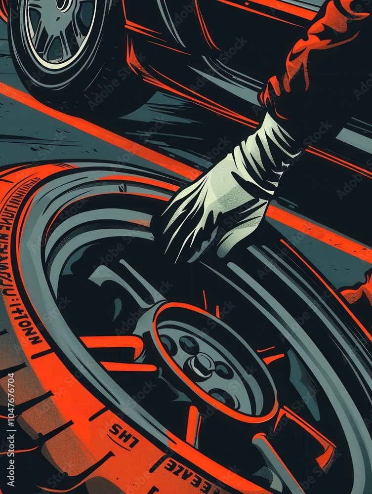 Poster A mechanic is changing a tire on a car, focusing on the details of the wheel and ensuring proper installation in a well-lit workshop. Generative AI