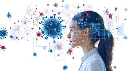 Woman Profile with Virus Visualization Background