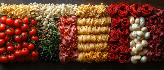 assorted colorful food items arranged on wooden surface