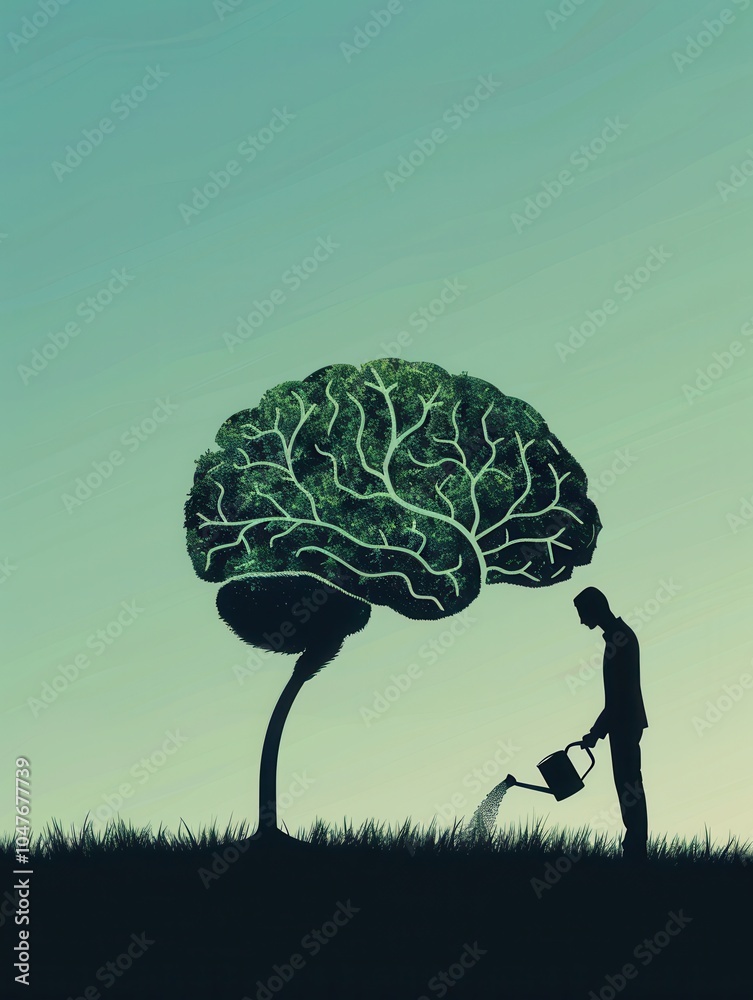 Aufkleber A silhouette of a man waters a tree resembling a brain, representing the nurturing of intellect and creativity at twilight. Generative AI