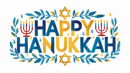 Colorful "Happy Hanukkah" text card with a leafy frame, David stars, olive brunches and menorah on a white background in a watercolor style, flat design, banner