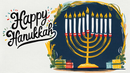 A vibrant greeting card featuring stylish "Happy Hanukkah" text and centerpiece is a drawn menorah nine candles and gift boxes near by on a dark blue backdrop, hand-drawn sketch style, flat design