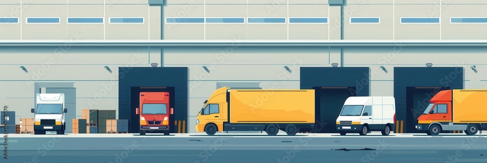 Poster Trucks and vans stand ready at a warehouse loading dock, poised for efficient shipment preparation during daylight. Generative AI