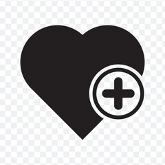 add to favorite heart icon. heart icon with plus. Favorite or love heart icon on PNG background. vector illustration.