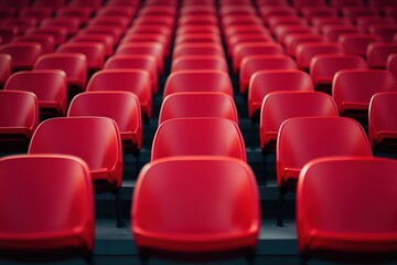Obraz premium A row of red chairs are empty in a theater