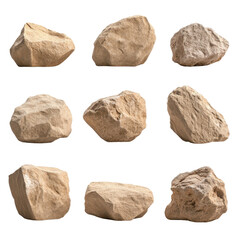 Collection of unique rocks on a white isolated background.