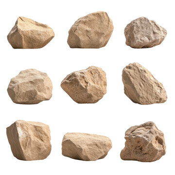 Collection of unique rocks on a white isolated background.