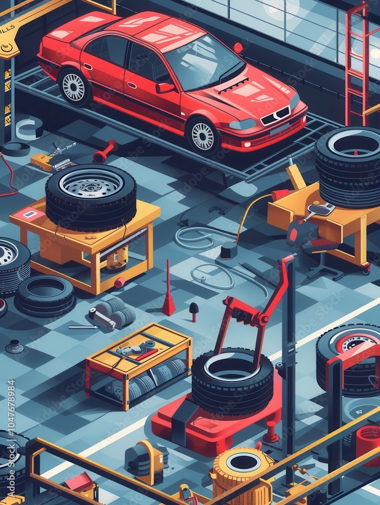 Aufkleber A red car is lifted and tires are being changed in a busy automotive workshop filled with tools and machinery. Generative AI