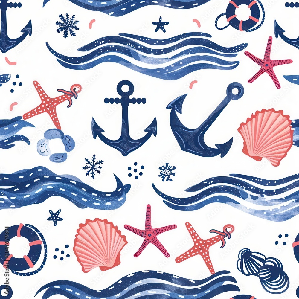 Poster Brightly colored nautical elements like anchors, seashells, and waves create a lively pattern perfect for coastal-themed projects. Generative AI