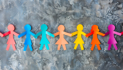 Set with paper people holding hands on grey background. Unity concept