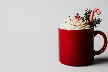 Festive holiday drink in a red mug, garnished with whipped cream, red sprinkles, a candy cane, and a touch of pine - Powered by Adobe