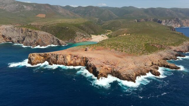 Aerial view on Cala Domestica Beach and landscape around. Sardinia, Italy