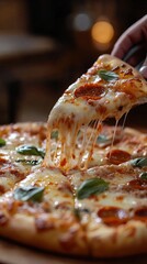 Delicious pepperoni pizza with melted cheese and fresh basil being served at a restaurant