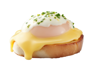 egg benedict with creamy hollandaise sauce on a toasted isolated on white background.