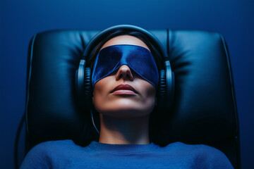 Patient relaxing in a comfortable chair, wearing headphones and an eye mask, during a ketamine therapy session