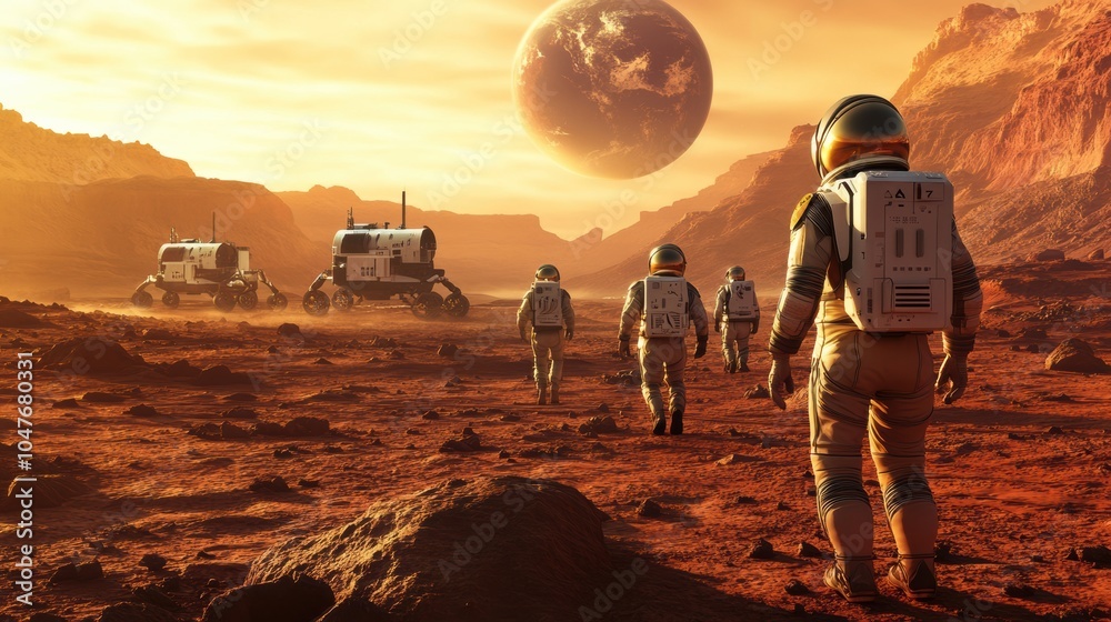 Poster a group of astronauts walks across the rocky surface of mars, accompanied by robotic rovers under a 