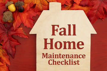 Fall Home Maintenance Checklist on wood house with fall leaves and acorns