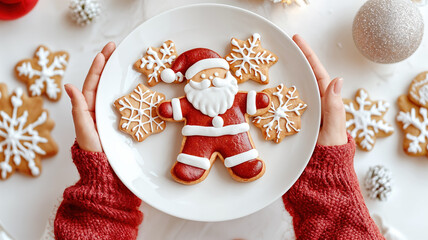 top view of child holding plate of santa and snowflake christmas cookies