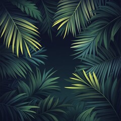 Lush green tropical leaves create a vibrant natural frame in a dark background setting