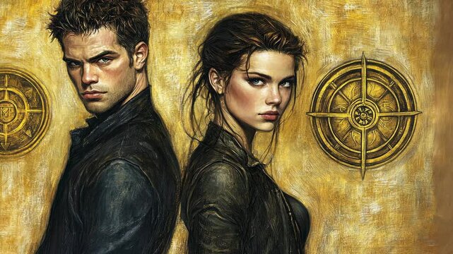 A man and woman in leather jackets stand against a gold background with a compass design