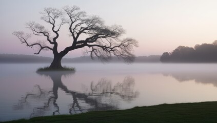 Misty lake with a lonely tree on the shore, gentle pink and blue light of dawn, calm water surface, reflection of the tree in the water.