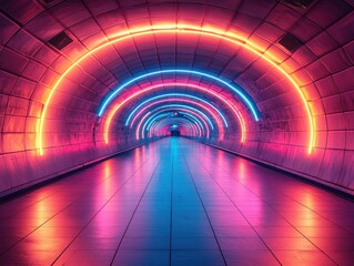 Neon-Lit Tunnel with Multicolored Arcs and Reflective Floor