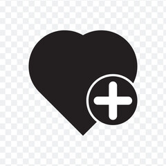 add to favorite heart icon. heart icon with plus. Favorite or love heart icon on PNG background. vector illustration.