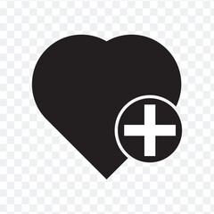 add to favorite heart icon. heart icon with plus. Favorite or love heart icon on PNG background. vector illustration.