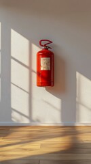 A red fire extinguisher mounted on a wall in a well lit interior space with wooden flooring