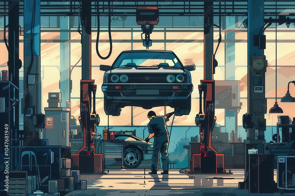 Aufkleber a mechanic works diligently under a car elevated on a hoist, surrounded by tools and equipment in a 