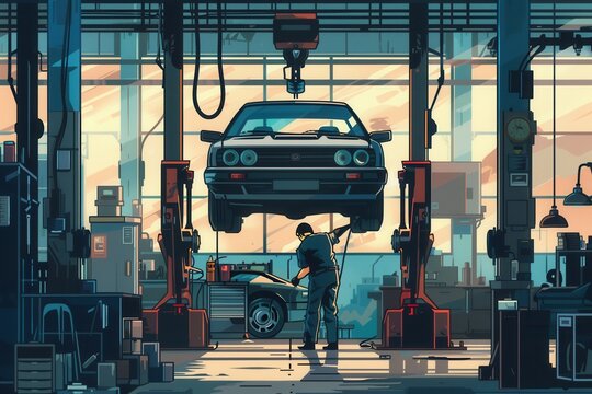 A mechanic works diligently under a car elevated on a hoist, surrounded by tools and equipment in a busy workshop. Generative AI