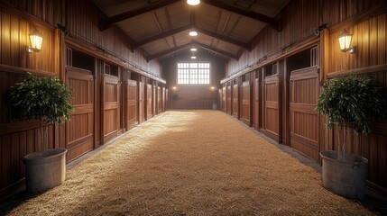 Empty horse stalls in a wooden stable with straw on the floor. - Powered by Adobe