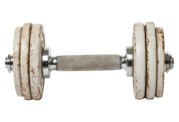 Old dumbbell on a white isolated background, perfect for fitness and exercise themes.