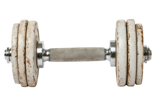 Old dumbbell on a white isolated background, perfect for fitness and exercise themes.