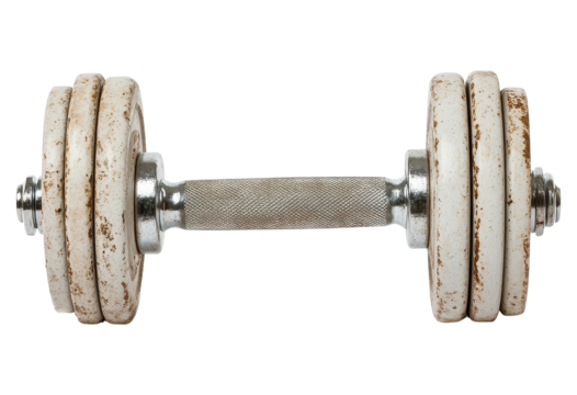 Old dumbbell on a white isolated background, perfect for fitness and exercise themes.
