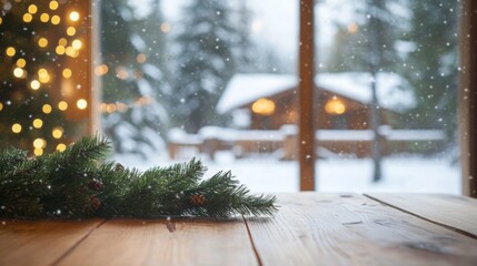A wooden table with a pine branch resting on it. The branch is green and has a few pine cones. Through the window, a snowy scene can be seen with a cabin in the background. It is snowing outside.