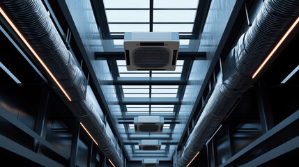 Modern air conditioning system with sleek design and industrial aesthetics, featuring exposed ducts and large windows allowing natural light