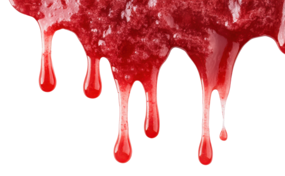 Red syrup dripping and splattering isolated on white background.