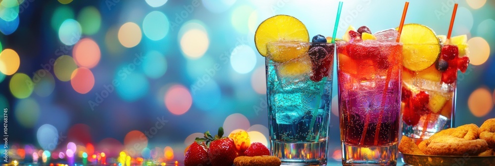 Poster brightly colored cocktails sit on a table alongside snacks and fruit slices, setting a festive mood 