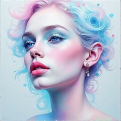 Obraz premium Portrait of a young woman with pastel soft tones and colorful elements in 5D painting style