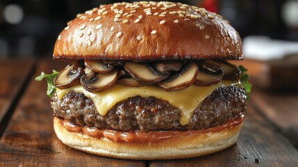 Juicy mushroom Swiss burger closeup.