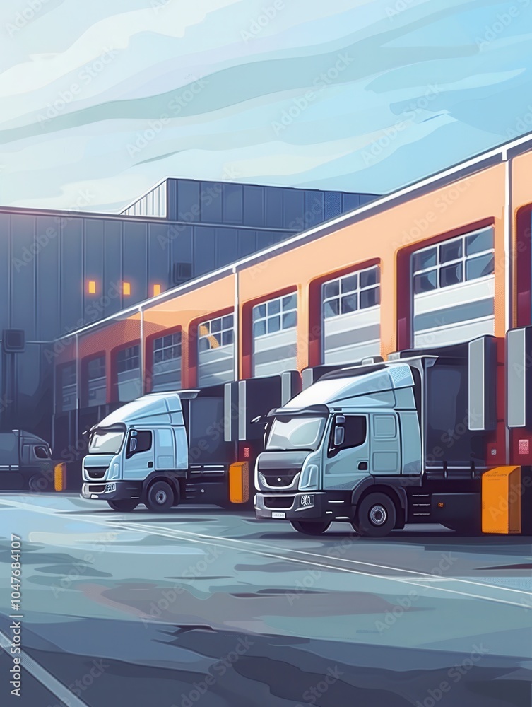 Poster several trucks and vans are parked outside a warehouse, preparing for loading as sunlight illuminate